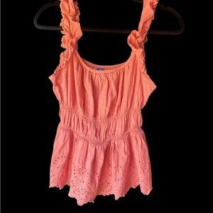 Sleeveless Waist-Defined Ruffle Trim Embroidered Babydoll Blouse.